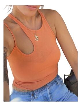 Et Clet Asymmetrical High Neck Orange Tank Top Unique Shoulder Strap Size Medium